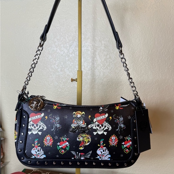 Ed Hardy Black Shoulder Bag with Colorful Tattoo Designs - Picture 1 of 3